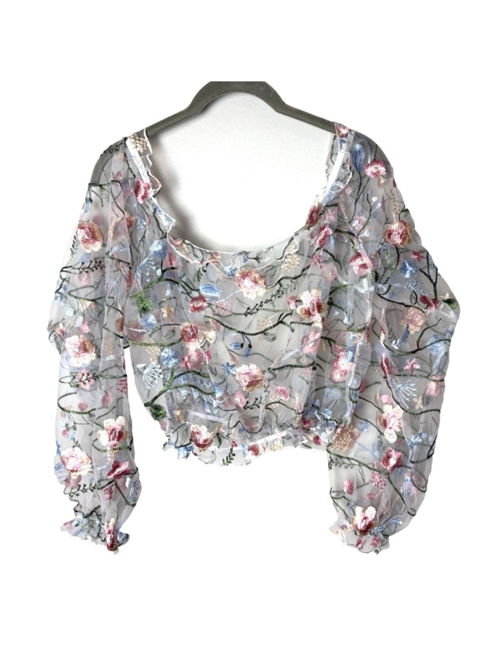 Floral Embroidered Sheer Mesh Blouse Size Large Cropped Off Shoulder Romantic